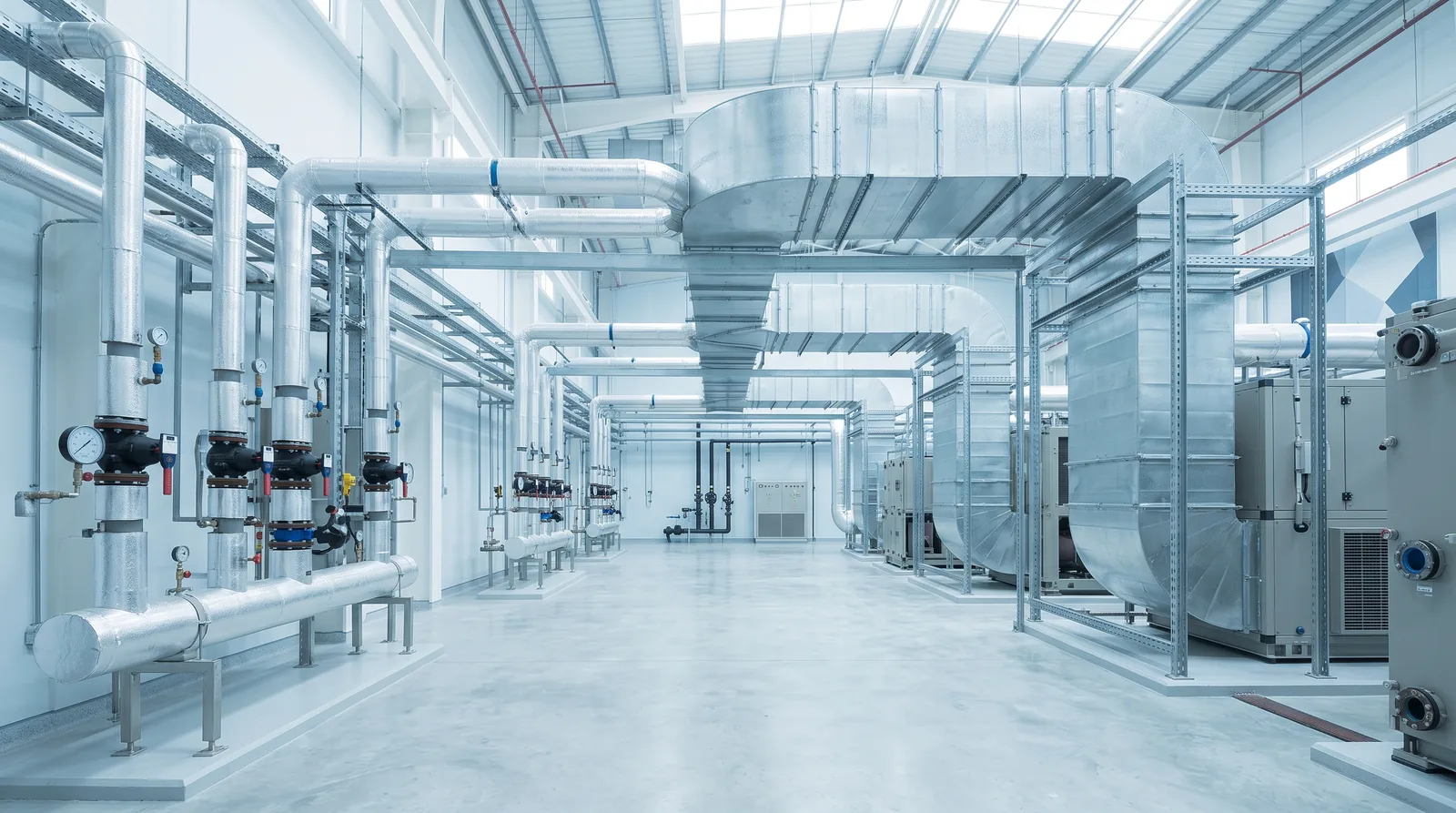 Mechanical plant room with insulated chilled water piping and ducting