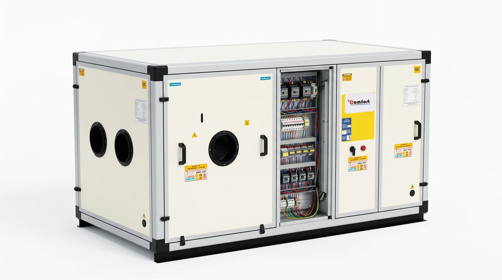 Comfort air handling unit with its control panel open