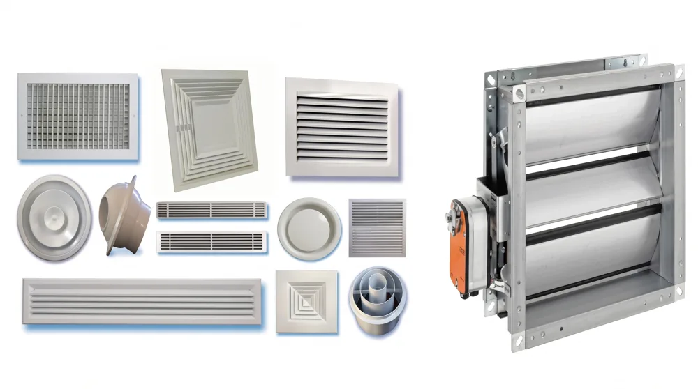 Supply air diffusers, return air grilles and a volume control damper